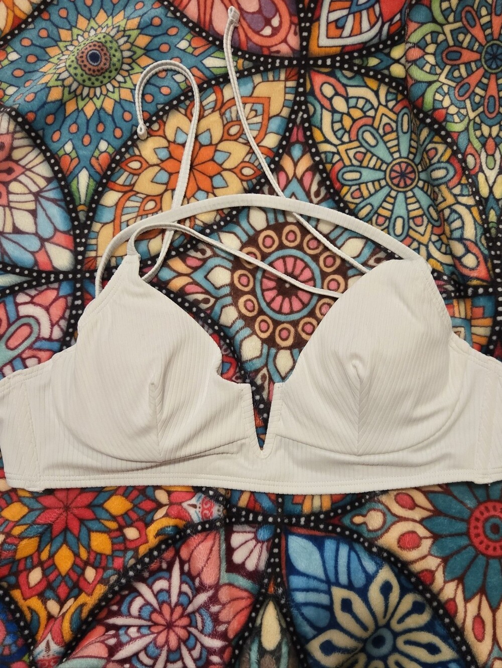 Shade And Shore 34C White Ribbed V-Plunge Bikini Top Tie Back NWOT